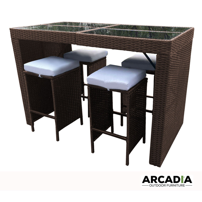 Arcadia Furniture Outdoor 5 Piece Bar Table Set Rattan and Cushions Patio Dining