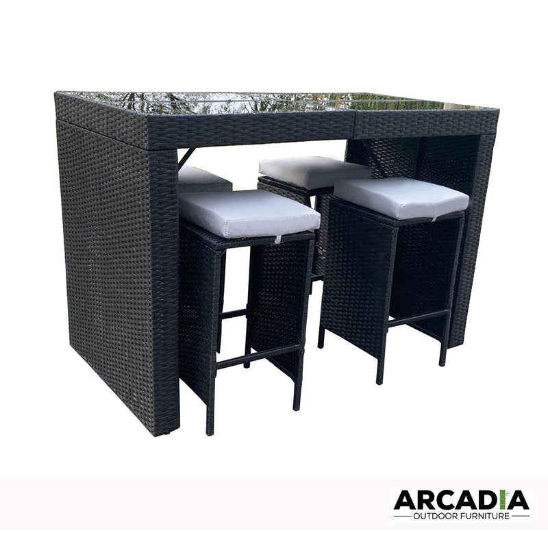 Arcadia Furniture Outdoor 5 Piece Bar Table Set Rattan and Cushions Patio Dining