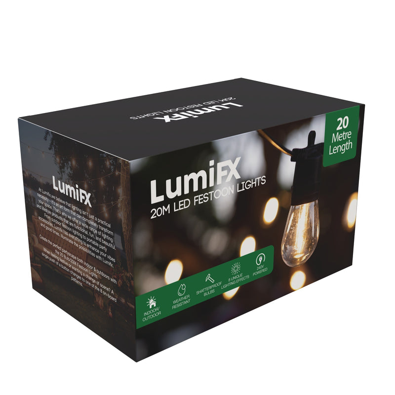 LumiFx 20 Bulb Outdoor Festoon Lights 8 Lighting Effects 20 Metres Warm White