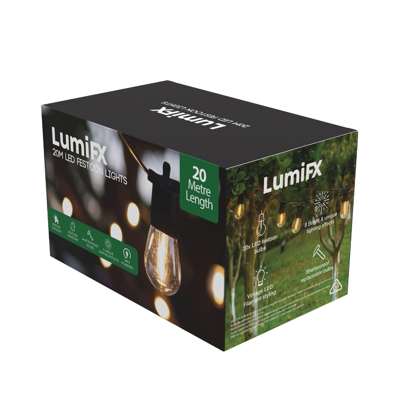 LumiFx 20 Bulb Outdoor Festoon Lights 8 Lighting Effects 20 Metres Warm White