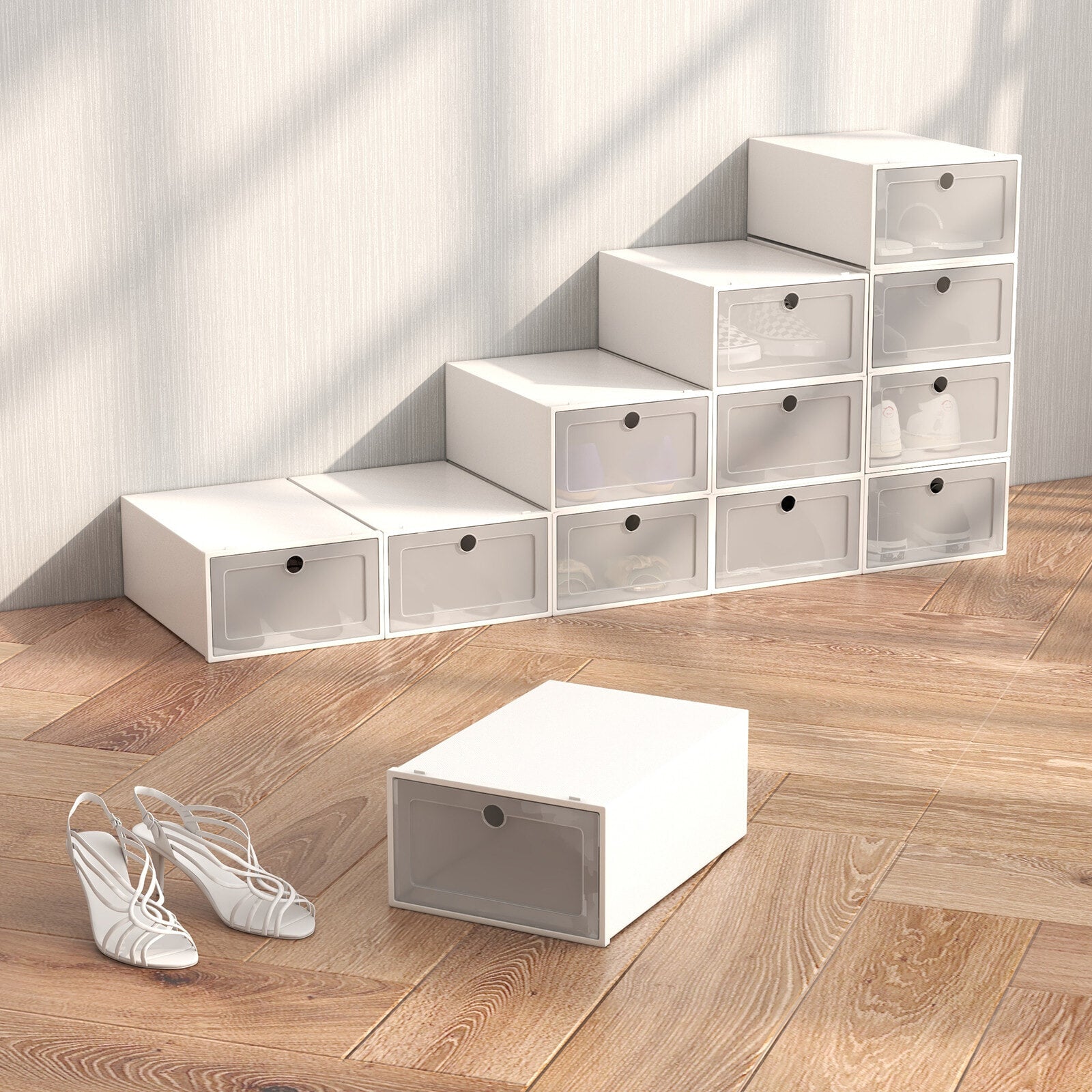 Casa Decor 12-Piece Stackable Transparent Shoe Organiser Set - White - Myzenhome