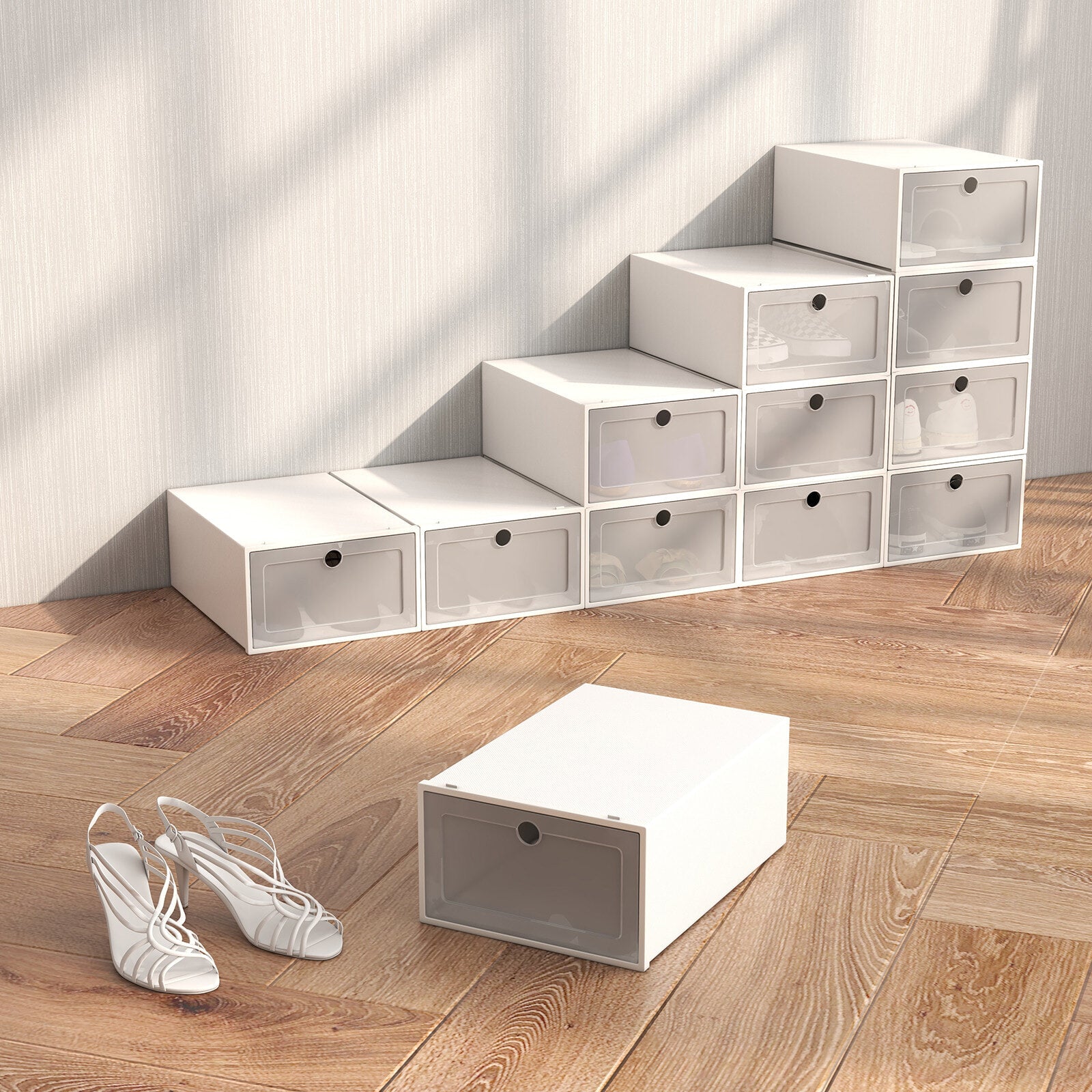 Casa Decor 12-Piece Stackable Transparent Shoe Organiser Set - White - Myzenhome