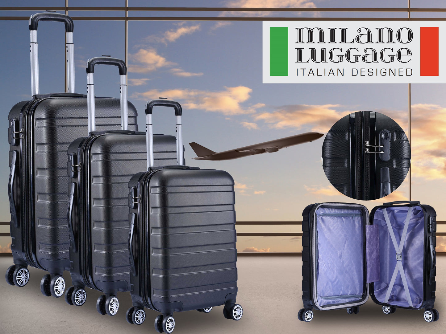 Milano XPander 3pc ABS Luggage Suitcase Luxury Hard Case Shockproof Travel Set - Myzenhome