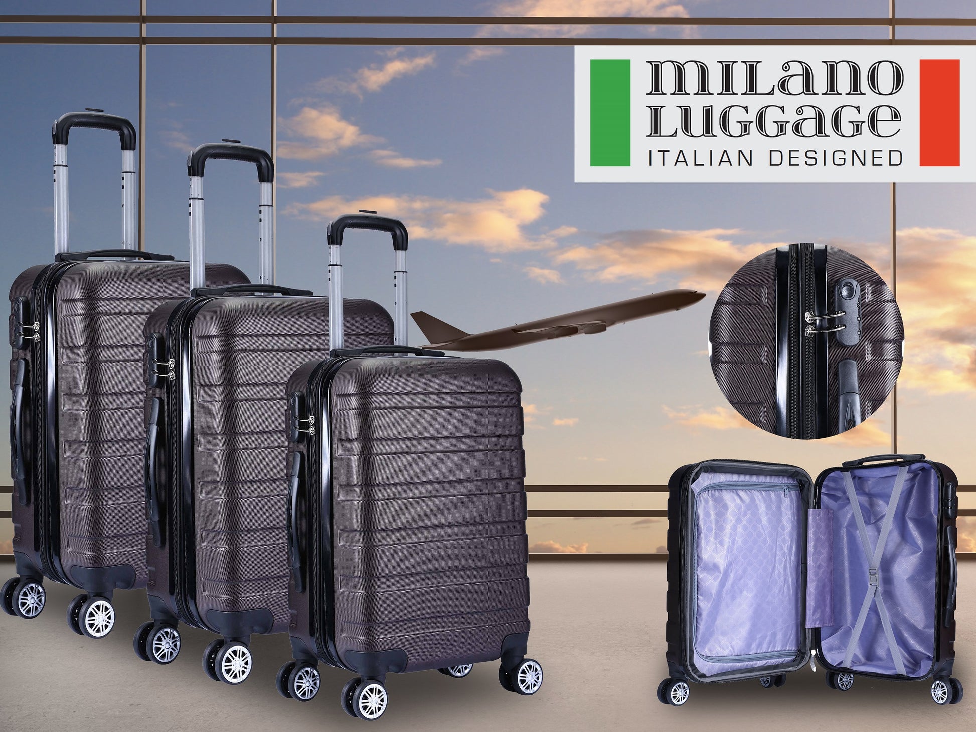 Milano XPander 3pc ABS Luggage Suitcase Luxury Hard Case Shockproof Travel Set - Myzenhome