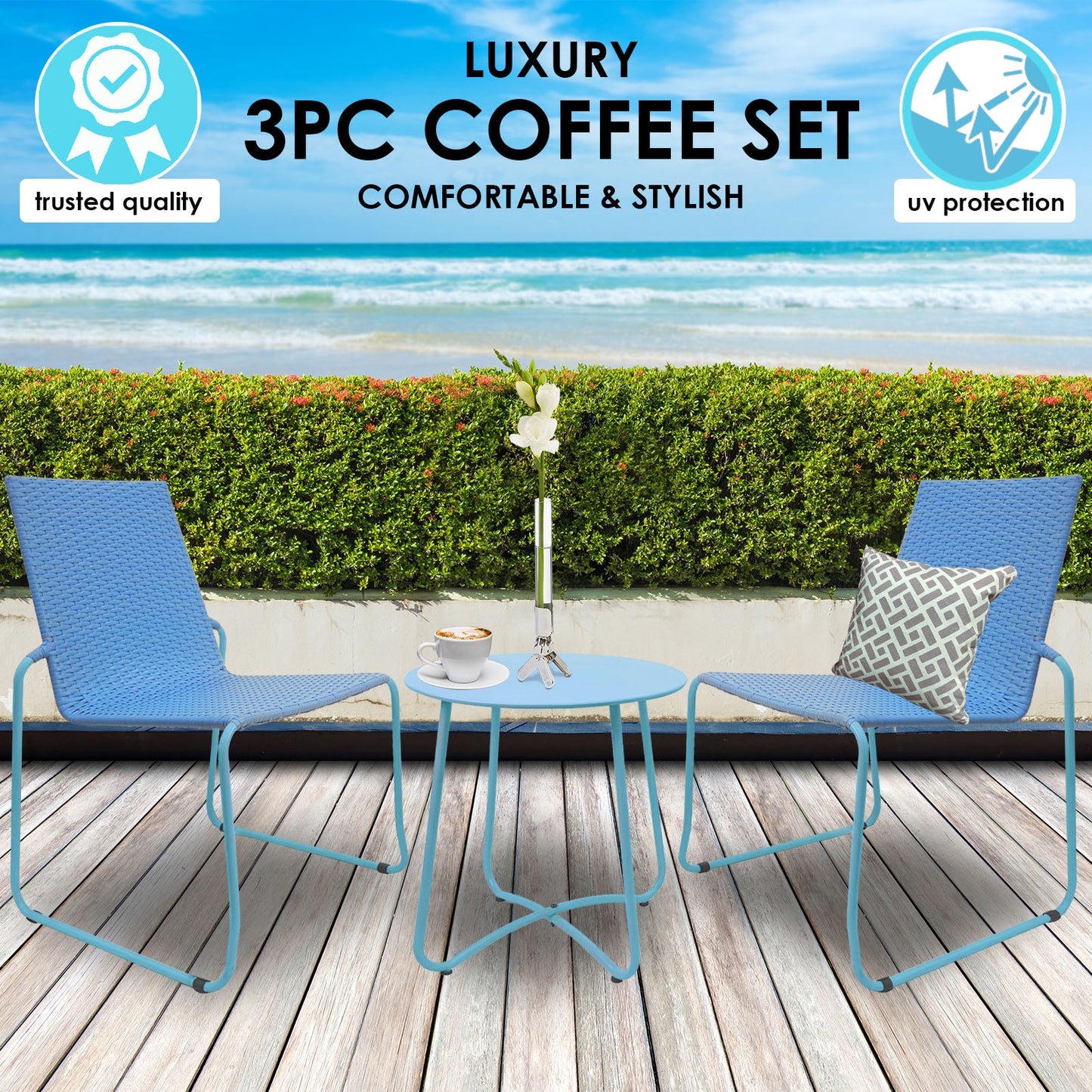 Milano 3pc Outdoor Furniture Steel/Rattan Coffee Table & Chairs Patio Garden Set - Myzenhome