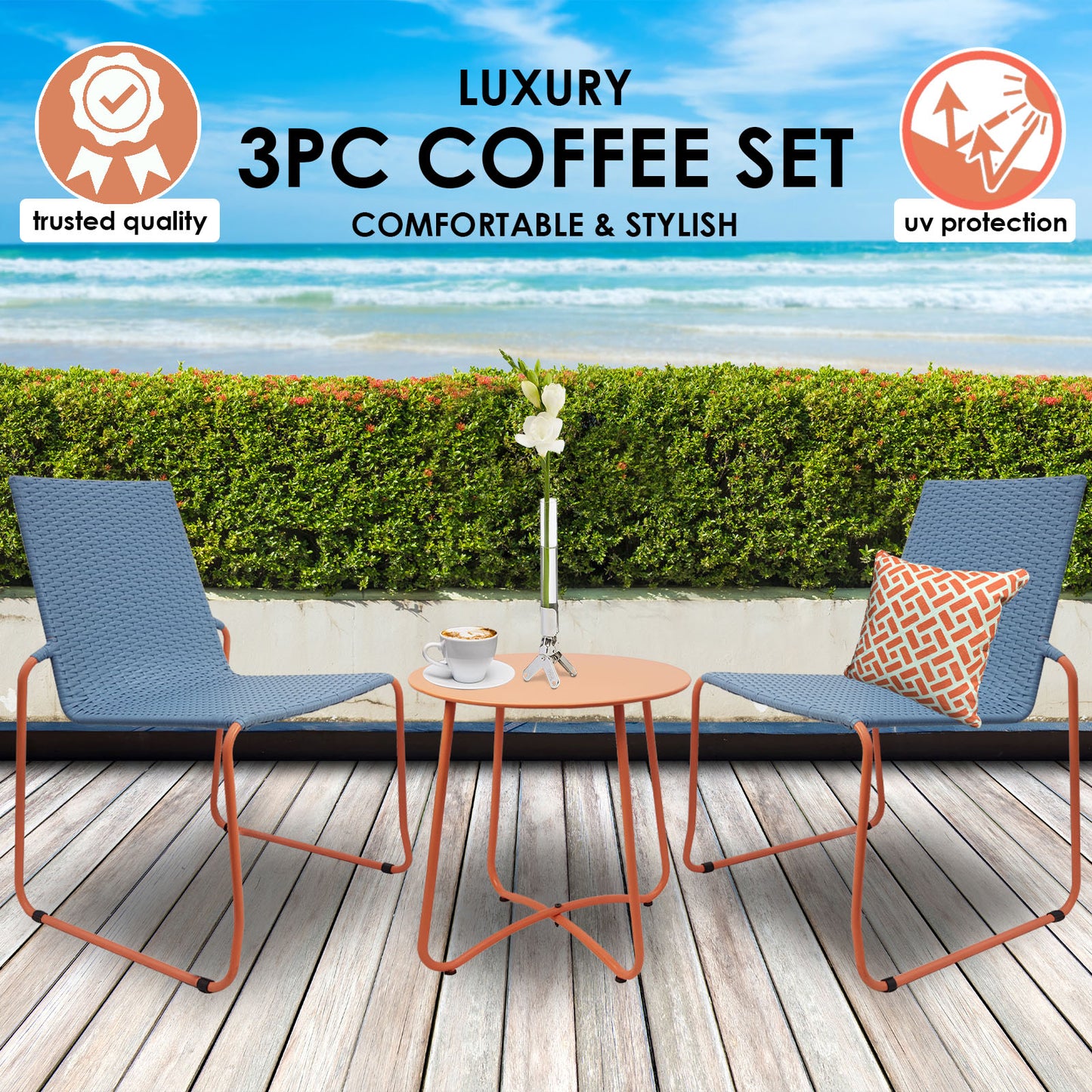 Milano 3pc Outdoor Furniture Steel/Rattan Coffee Table & Chairs Patio Garden Set - Myzenhome