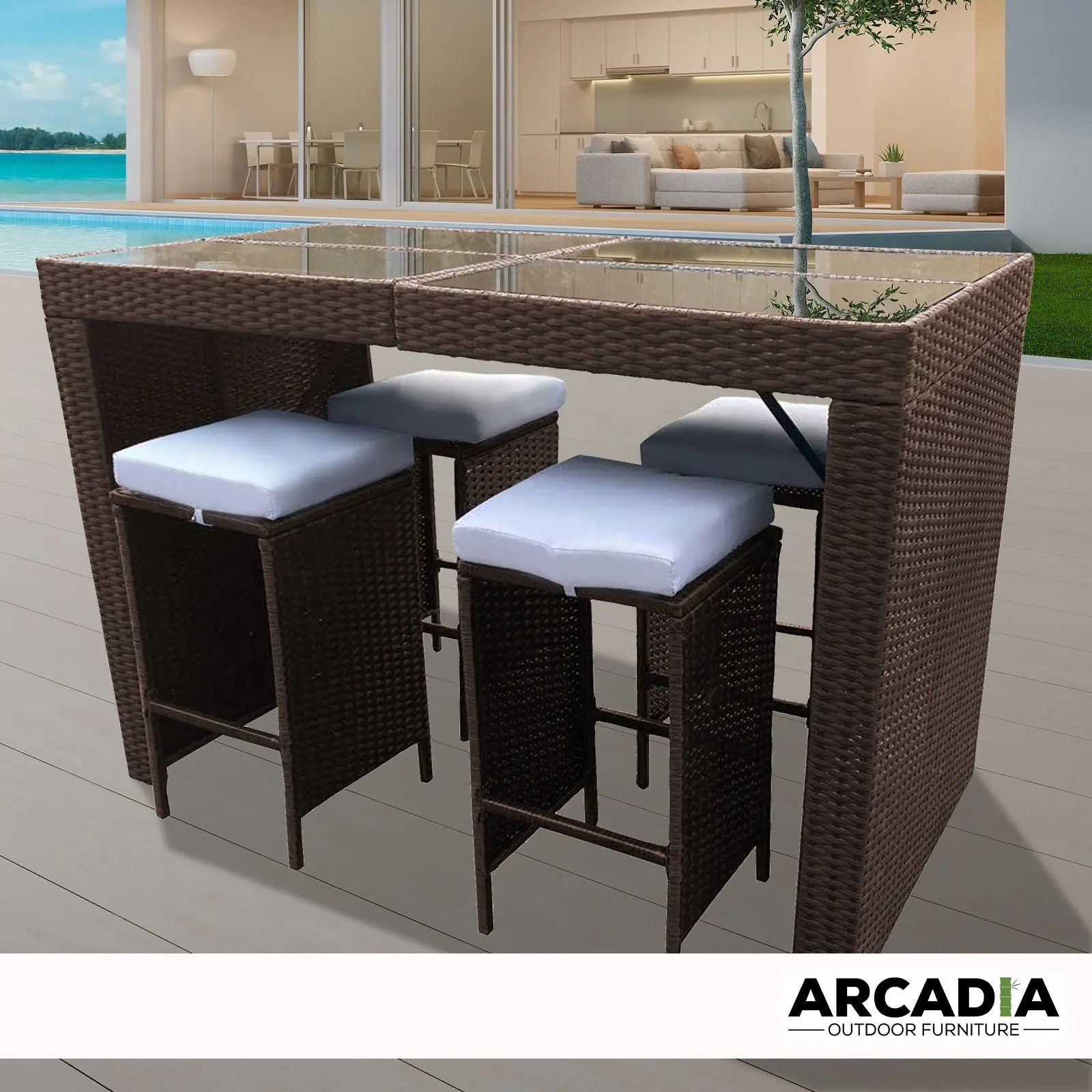 Arcadia Furniture Outdoor 5 Piece Bar Table Set Rattan and Cushions Patio Dining - Myzenhome