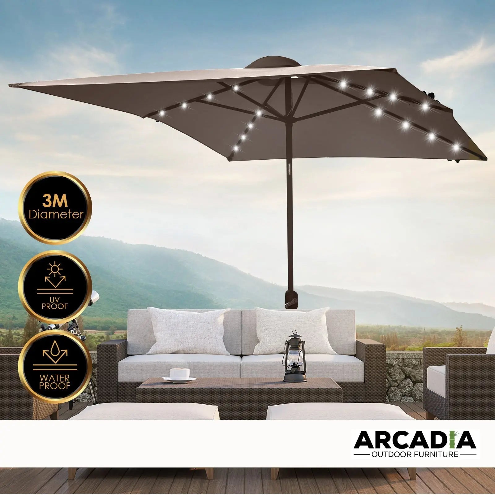 Arcadia Furniture Umbrella 3 Metre Umbrella with Solar LED Lights Garden Yard - Myzenhome