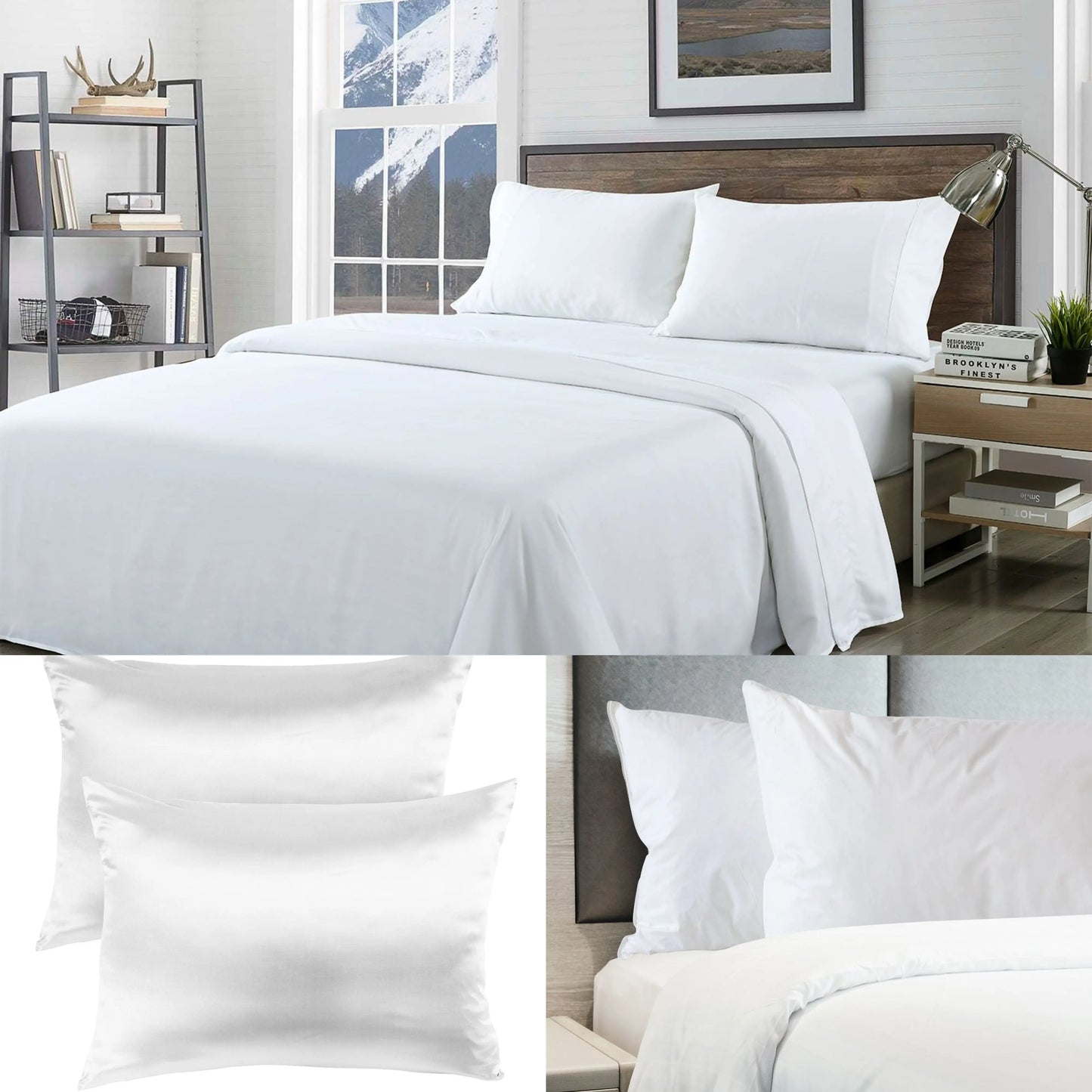 Bamboo Blend Sheet Set+Duck Down Pillows+Silk Pillowcase Bundle Queen - Myzenhome