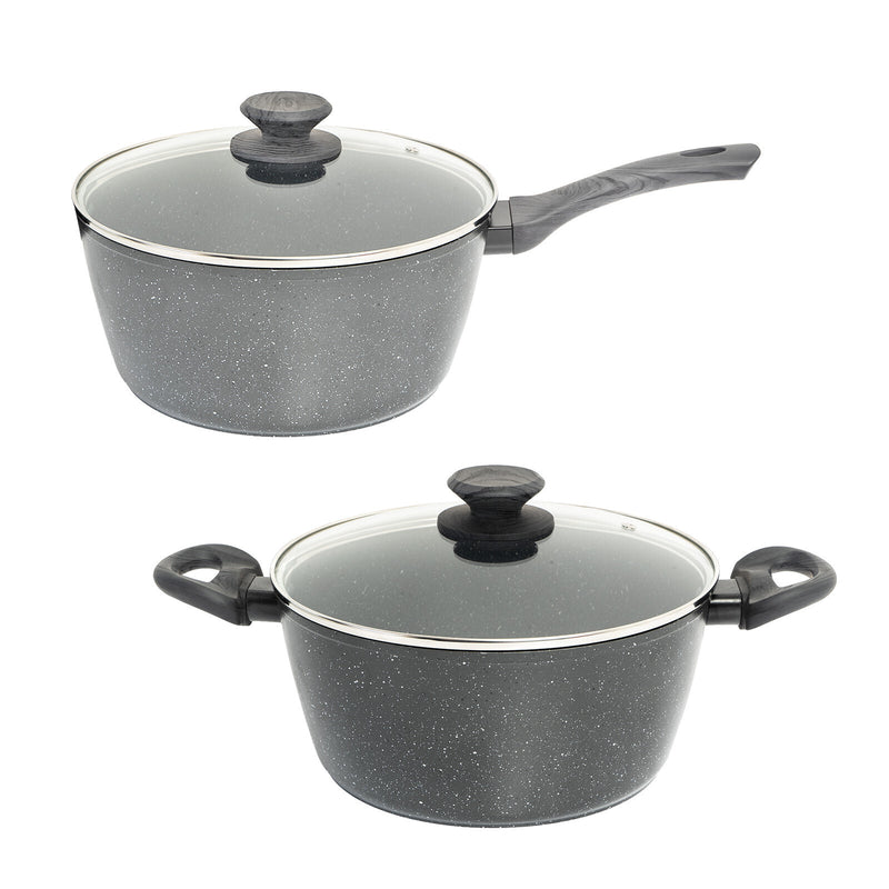 StoneChef 2 Pce Set 24cm Casserole Pan + 20cm Saucepan Set Lid Grey Handle