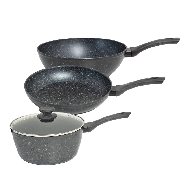 StoneChef 3 Piece Set Frypan 28cm Saucepan 20cm Wok 28cm Grey Handle