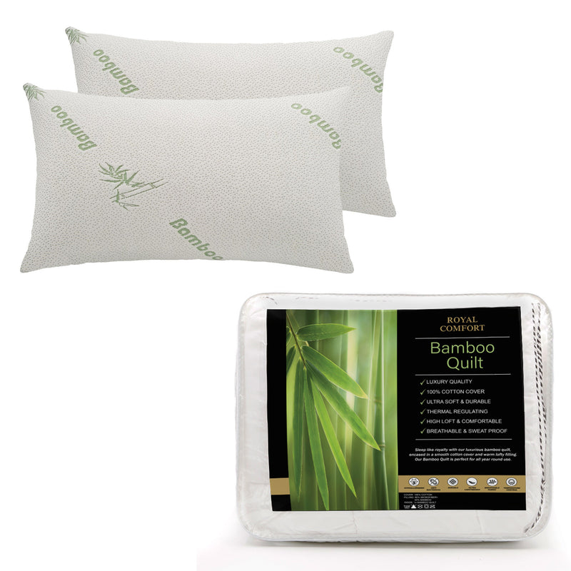 Royal Comfort Bundle Set Bamboo Memory Foam Pillows 2 Pack + 350GSM Bamboo Quilt