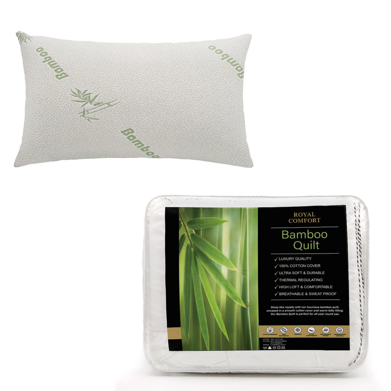 Royal Comfort Bundle Set Bamboo Memory Foam Pillows 2 Pack + 350GSM Bamboo Quilt