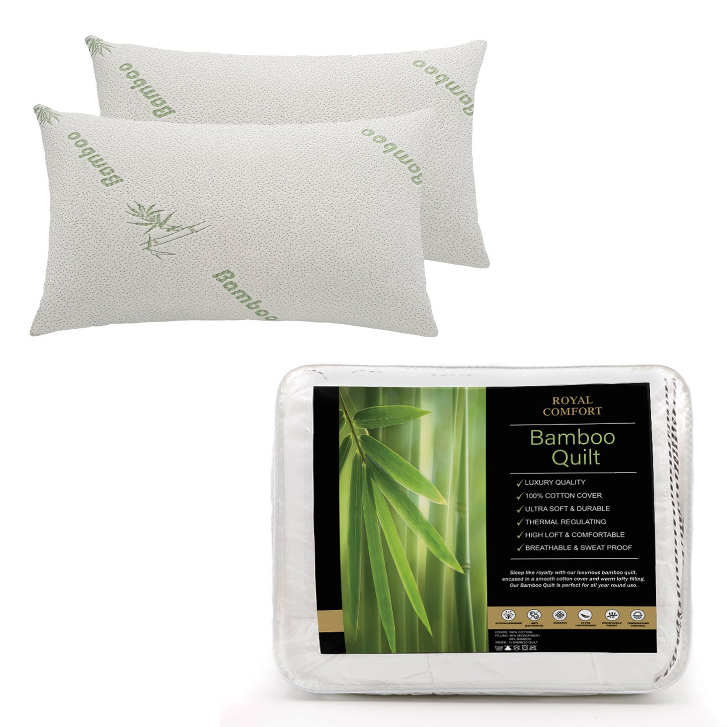 Royal Comfort Bundle Set Bamboo Memory Foam Pillows 2 Pack + 350GSM Bamboo Quilt - Myzenhome