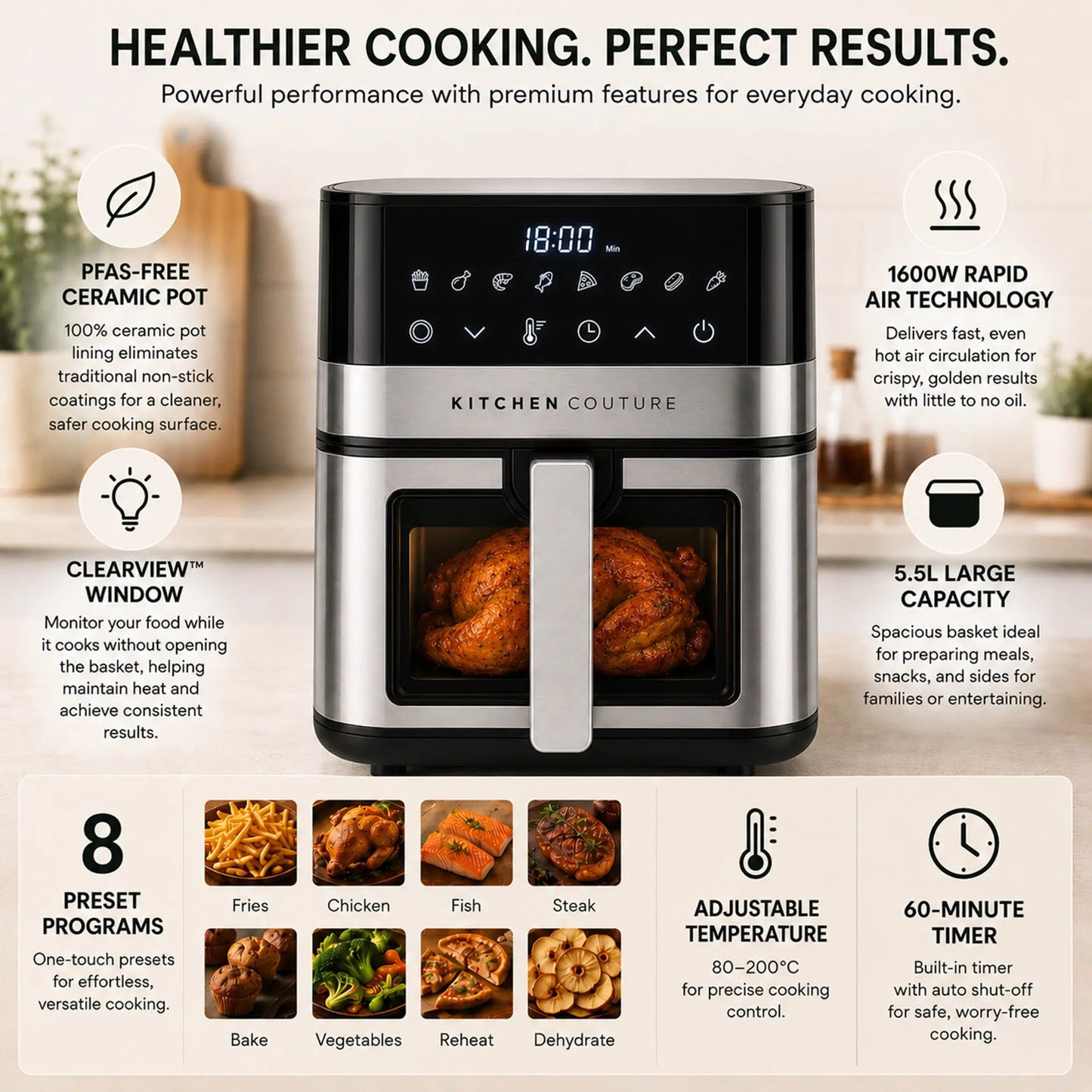 Kitchen Couture 5.5L PFAS-Free Ceramic Air Fryer, ClearView™ Window, 1600W Myzenhome
