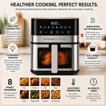 Kitchen Couture 5.5L PFAS-Free Ceramic Air Fryer, ClearView™ Window, 1600W Myzenhome