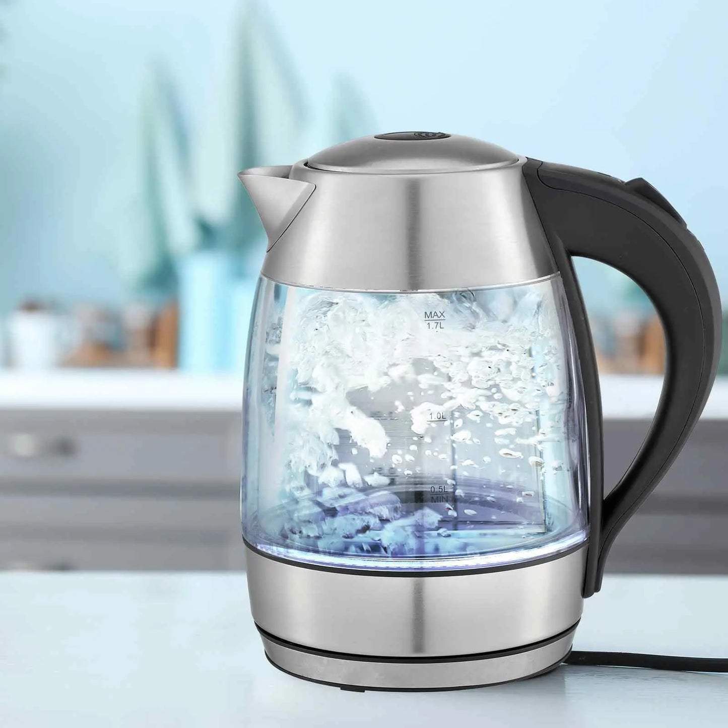 Kitchen Couture Cool Touch Slimline Stainless Steel Blue LED Glass Kettle 1.7L - Myzenhome