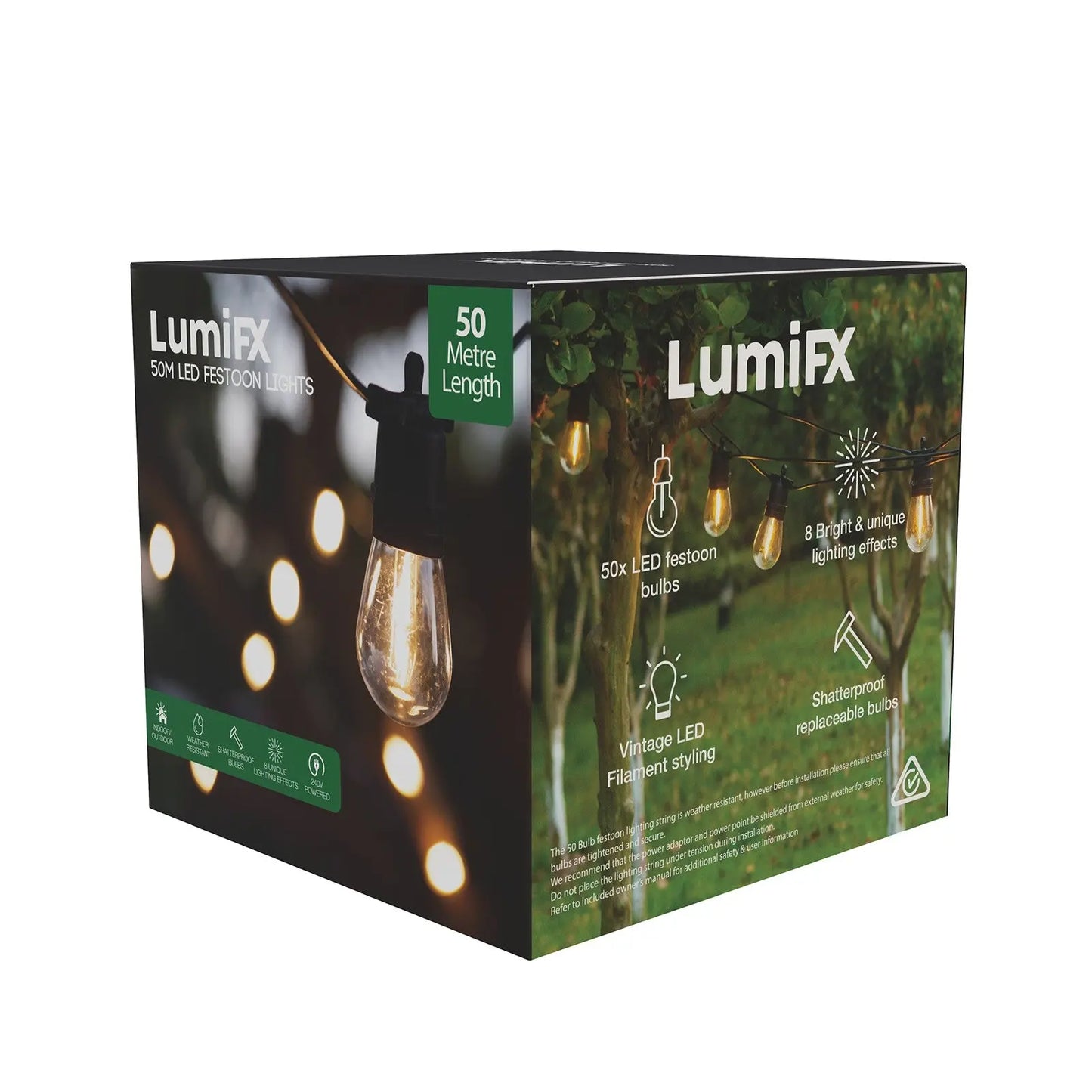 LumiFx 50 Bulb Outdoor Festoon Lights 8 Lighting Effects 50 Metres Warm White - Myzenhome