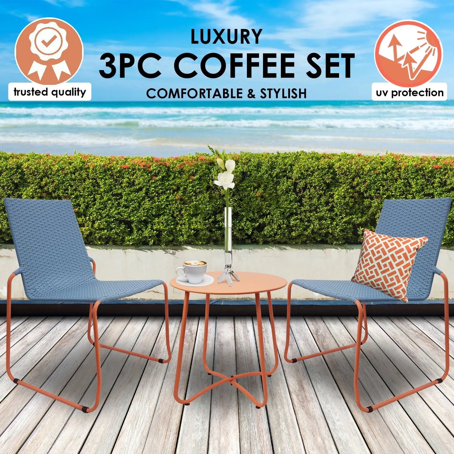 Milano 3pc furniture steel/rattan coffee table & chairs patio garden set Milano Outdoor