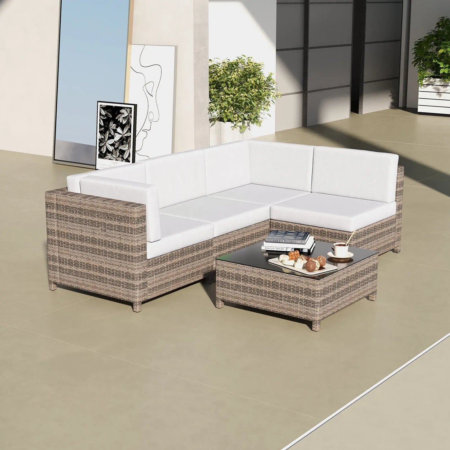 Milano Decor 5 Piece Outdoor Sofa Set Rattan Oatmeal Black Patio Garden Lounge - Myzenhome