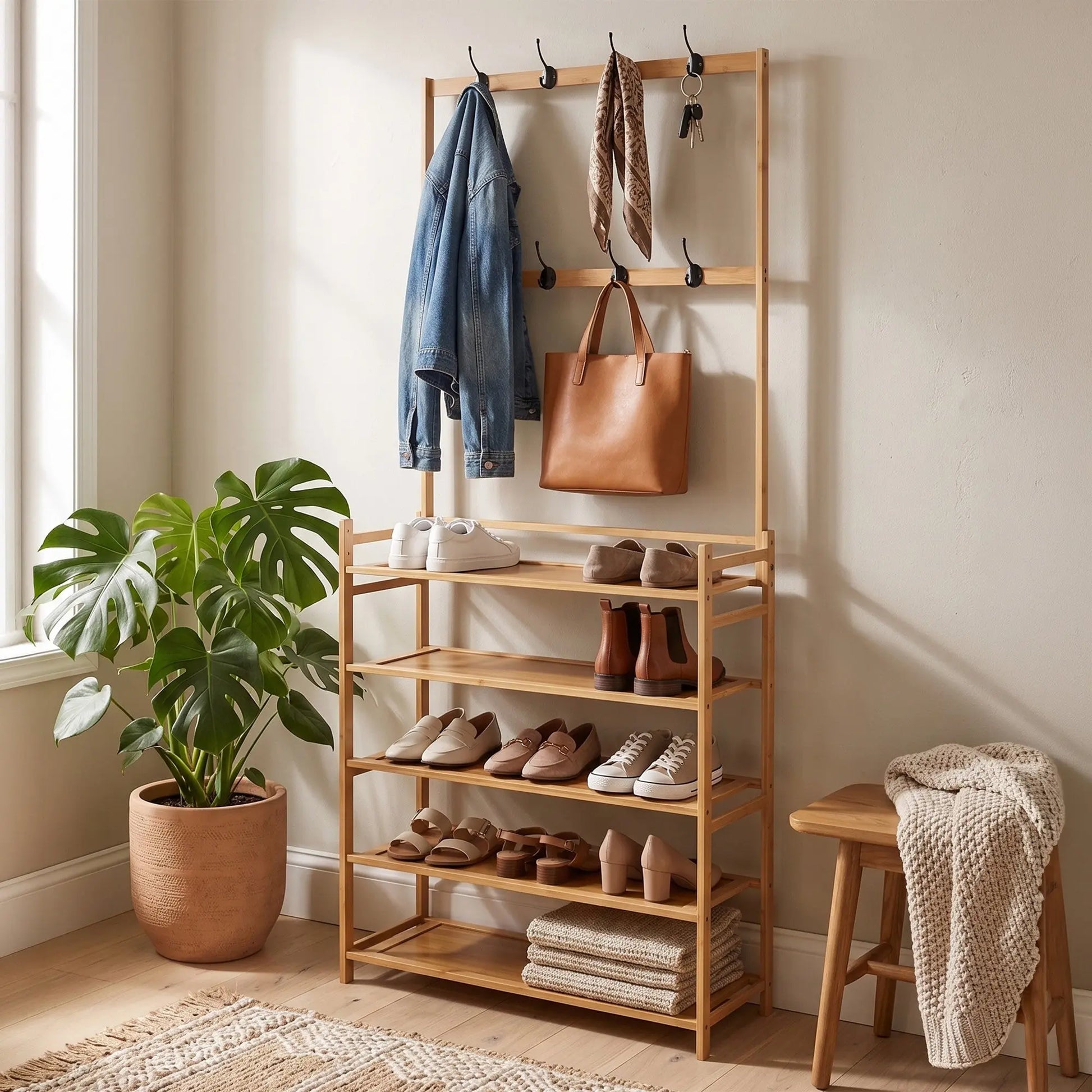Milano Decor Bamboo Shoe Rack with Coat Hooks, 4 Tiers, Slim Hallway Storage Myzenhome