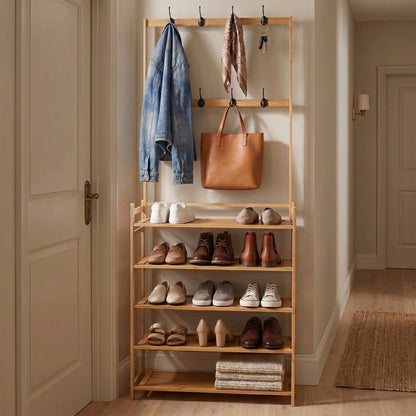 Milano Decor Bamboo Shoe Rack with Coat Hooks, 4 Tiers, Slim Hallway Storage Myzenhome