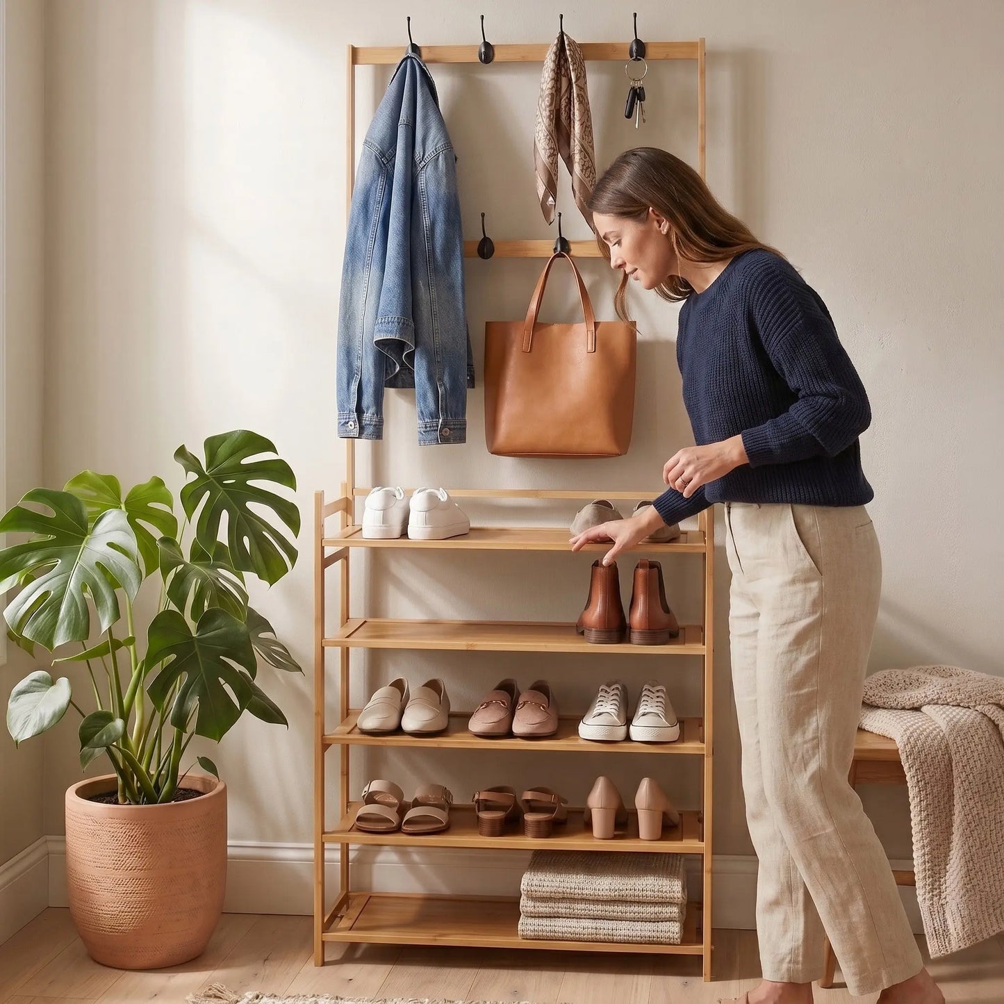 Milano Decor Bamboo Shoe Rack with Coat Hooks, 4 Tiers, Slim Hallway Storage Myzenhome