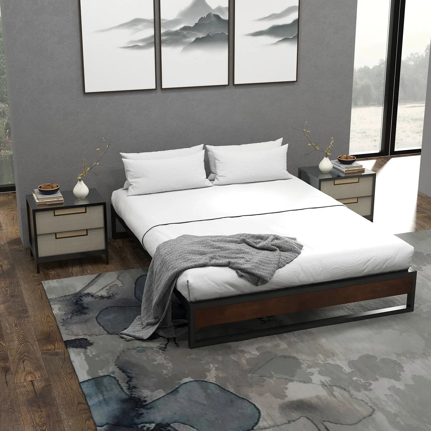 Milano Decor Sorrento Metal Wood Bed Frame Mattress Base Platform Modern - Myzenhome