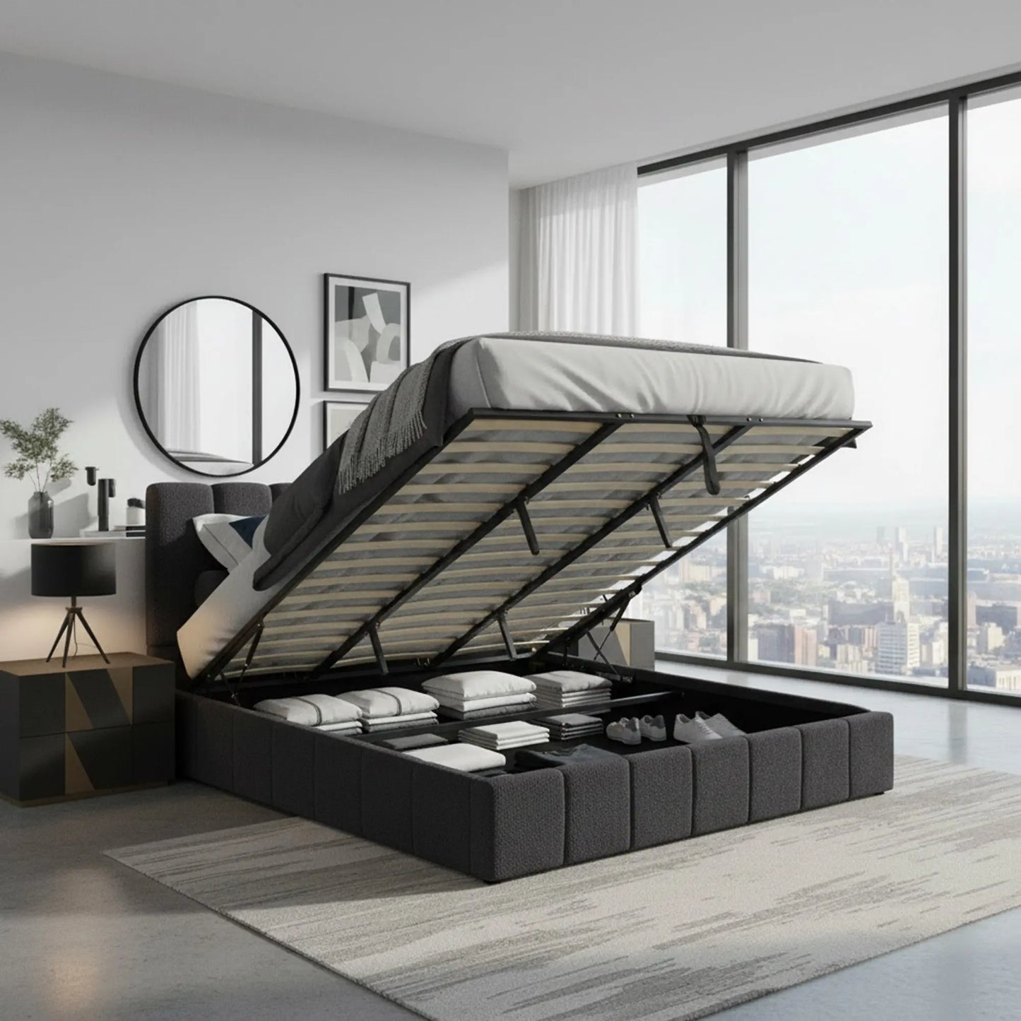 Milano Luxe Linear Boucle Gas Lift Bed Frame Myzenhome