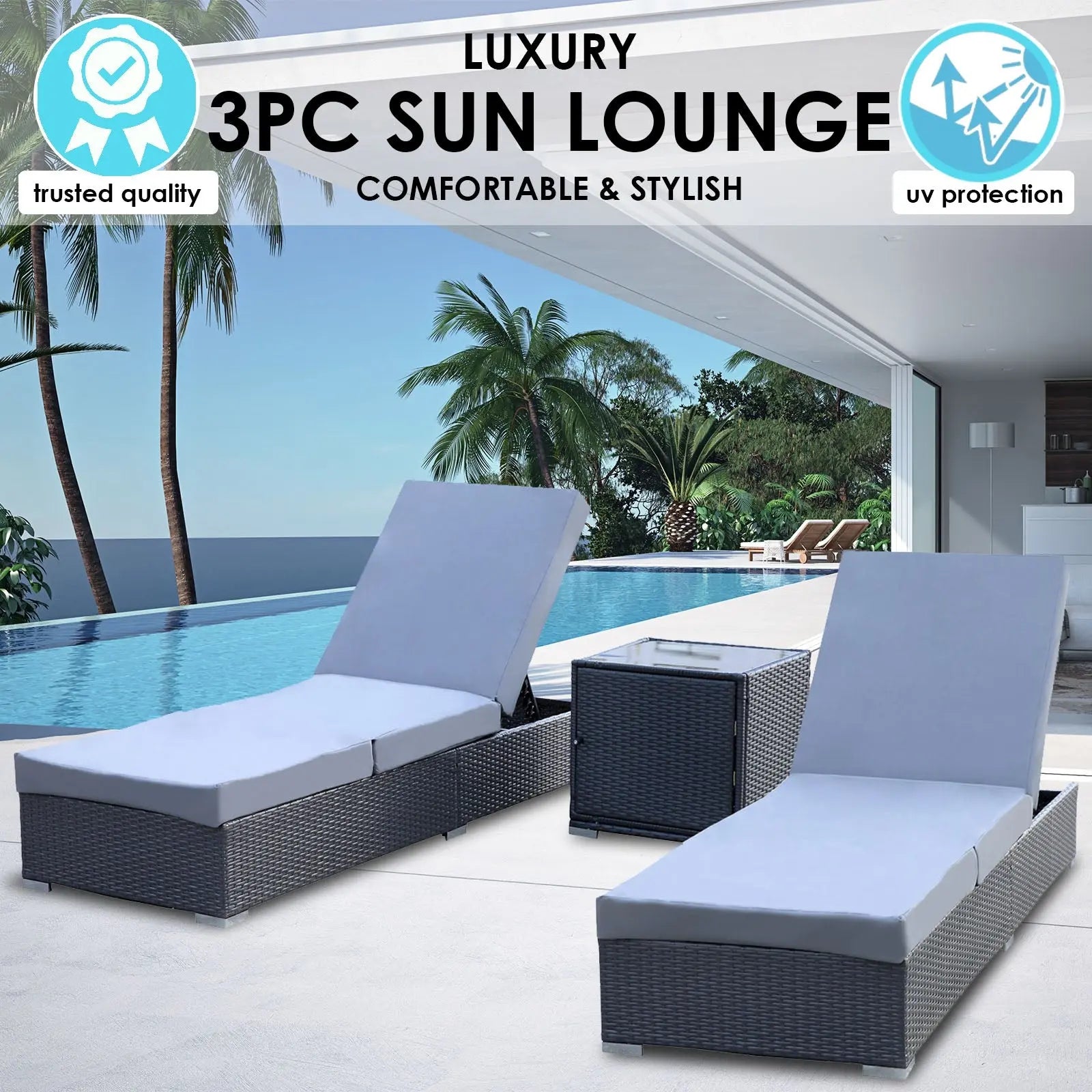 Milano Outdoor 3pc Sun Lounge Pool Bed Deck Rattan Chair Adjustable Furniture - Myzenhome