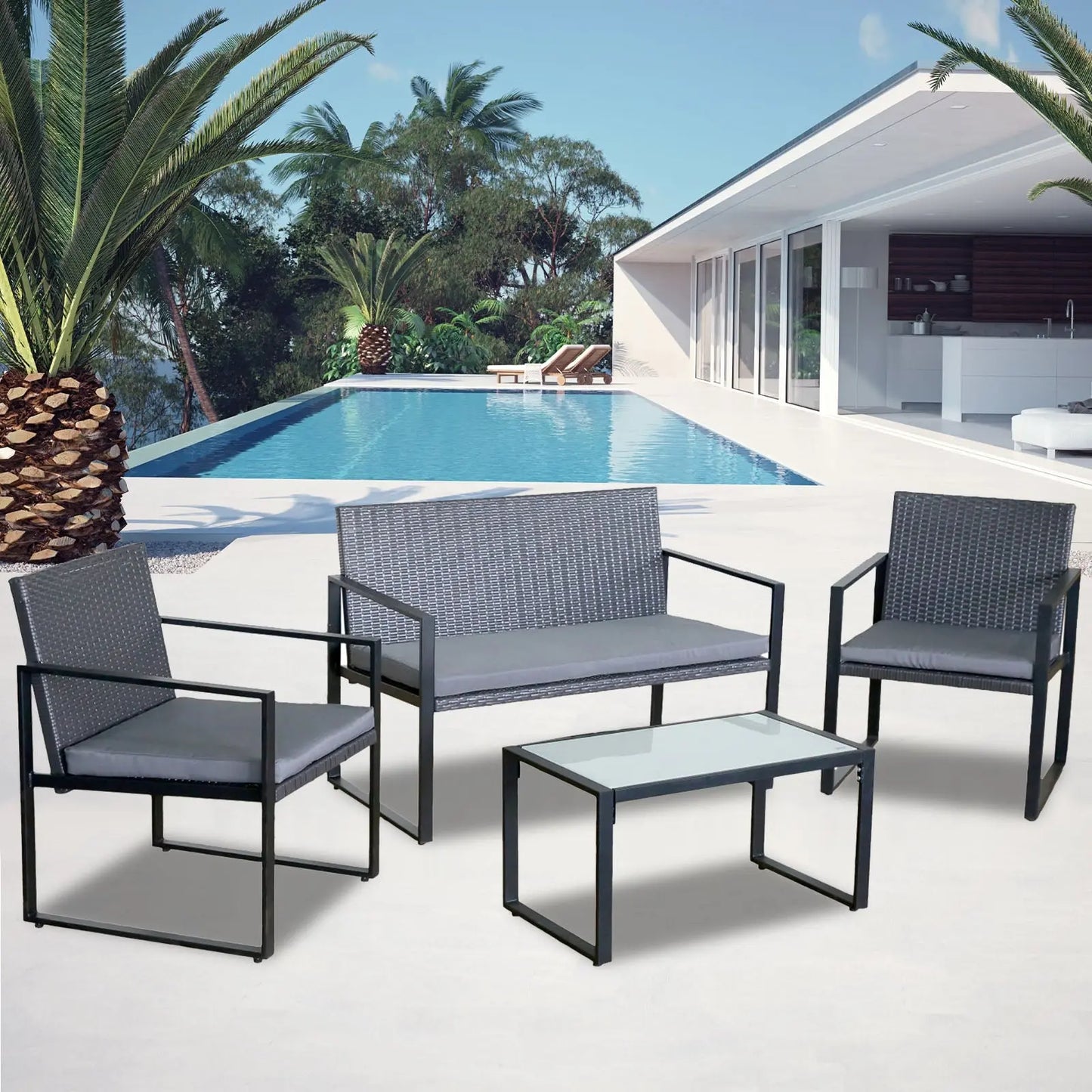 Milano Outdoor Furniture 4pc Rattan Patio Setting Coffee Table Chairs Set Garden - Myzenhome