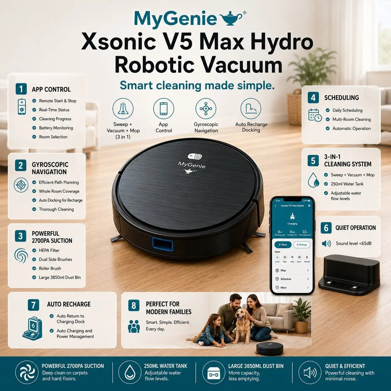 MyGenie Xsonic V5 Max Hydro 3-in-1 Robot Vacuum & Mop, WiFi App Control Myzenhome