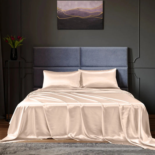 Royal comfort satin sheet set 4 piece fitted flat sheet pillowcases silky smooth Royal Comfort