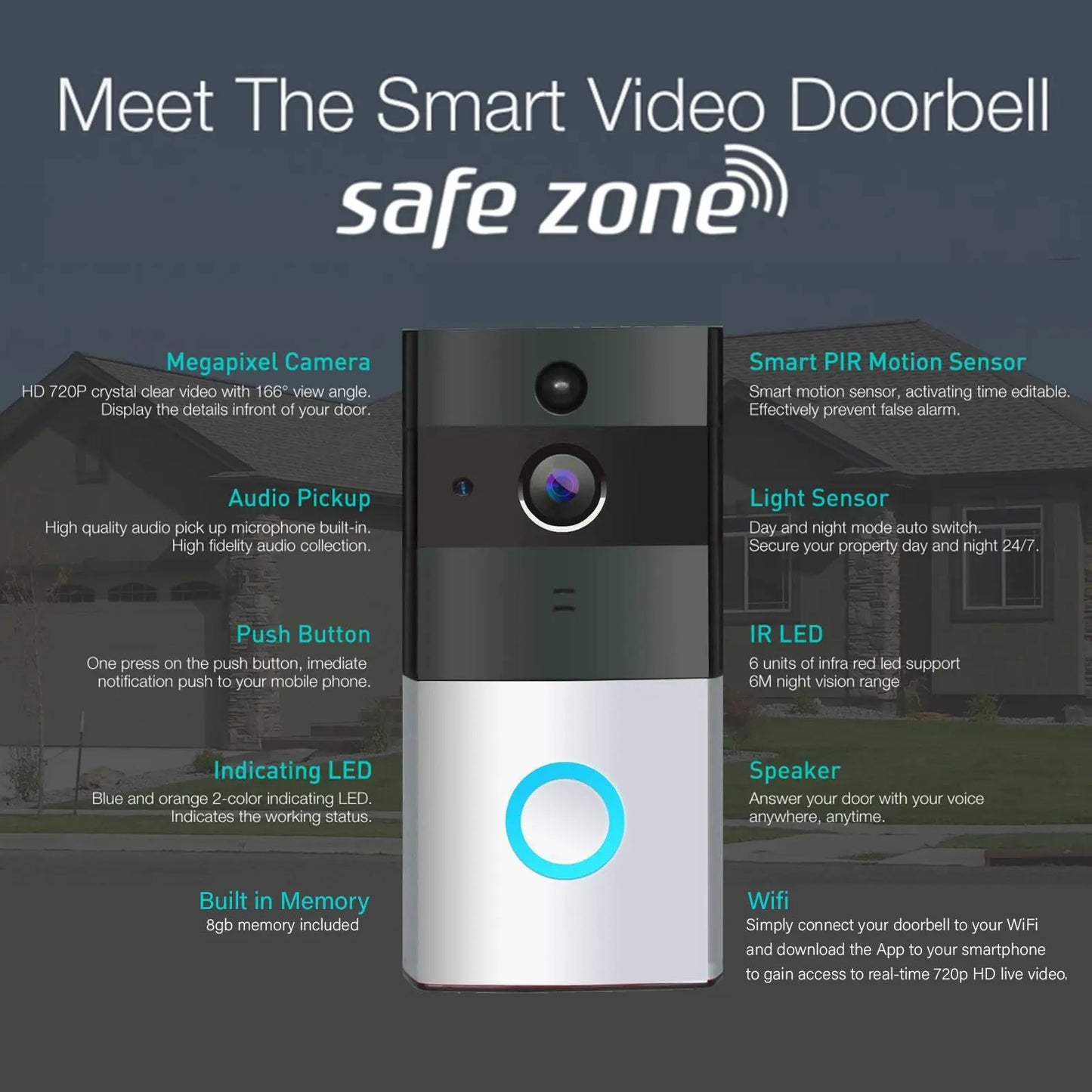 Safe Zone Wireless Video Doorbell Camera 8GB Smart Remote Control Intercom WiFi - Myzenhome