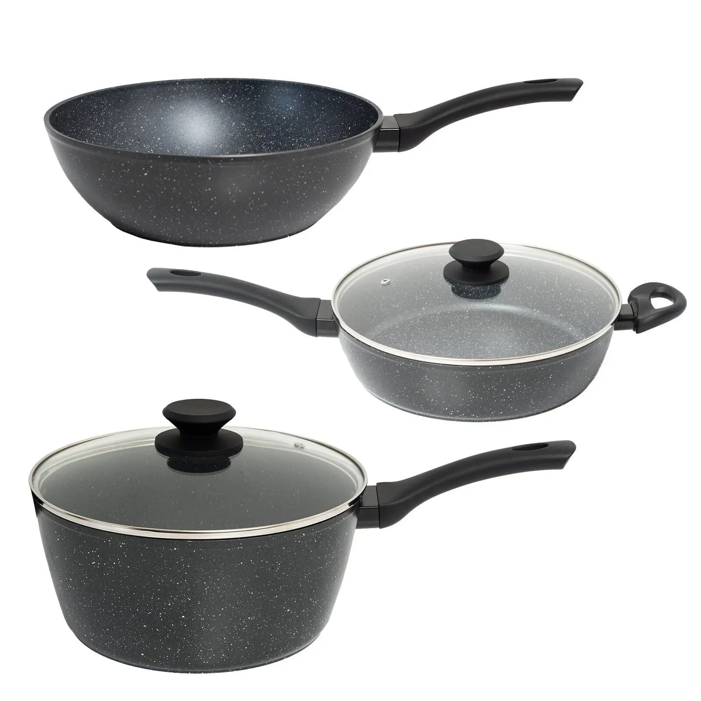 Stone Chef 3 Piece Set - 28cm Wok, 20cm Saucepan + Lid, 28cm Deep Frypan + Lid - Myzenhome