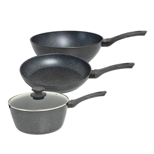 StoneChef 3 Piece Set Frypan 28cm Saucepan 20cm Wok 28cm Grey Handle - Myzenhome
