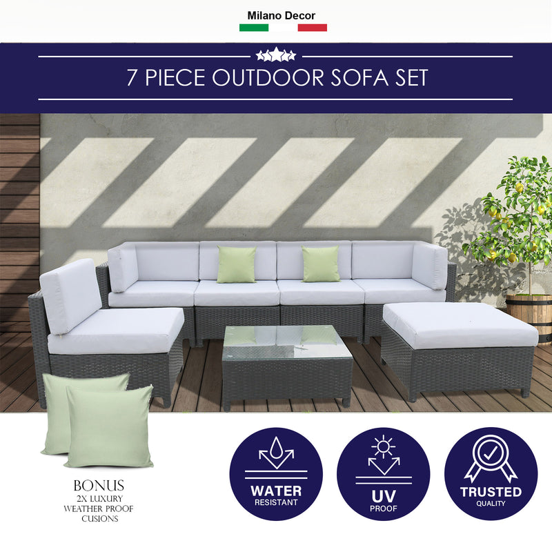 Milano 7 Piece Wicker Rattan Sofa Set Grey Outdoor Lounge Patio Furniture