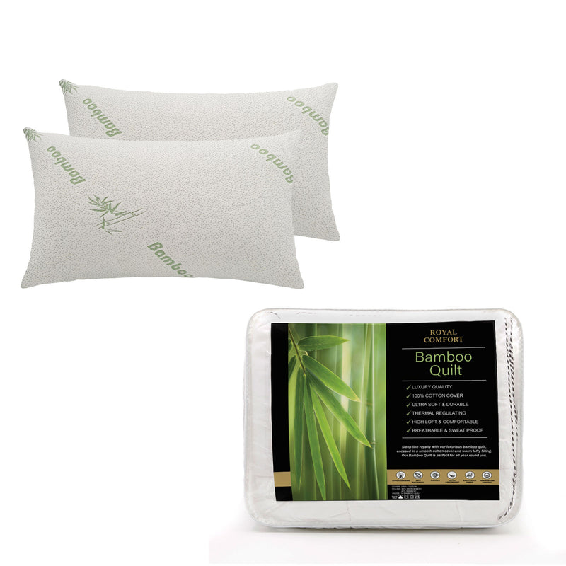 Royal Comfort Bundle Set Bamboo Memory Foam Pillows 2 Pack + 350GSM Bamboo Quilt