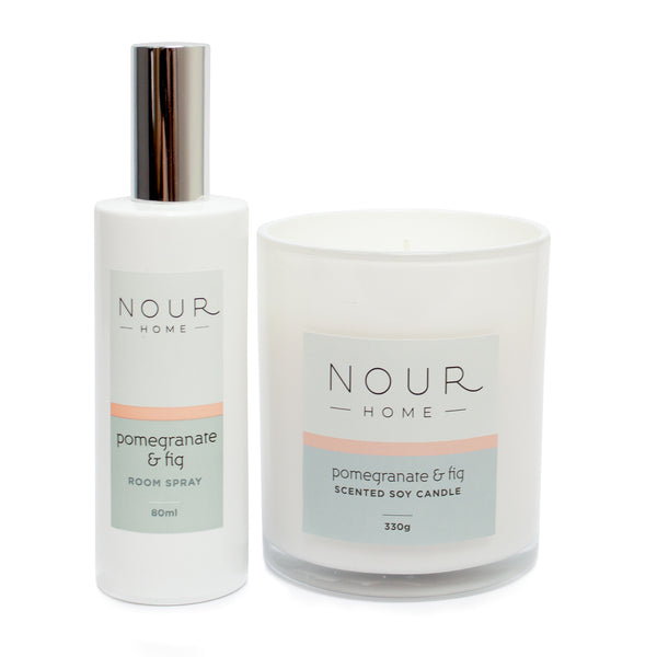 Nour Home Essentials Pack (1 x Soy Wax Candle, 1 x Room Spray Pomegranate Fig)