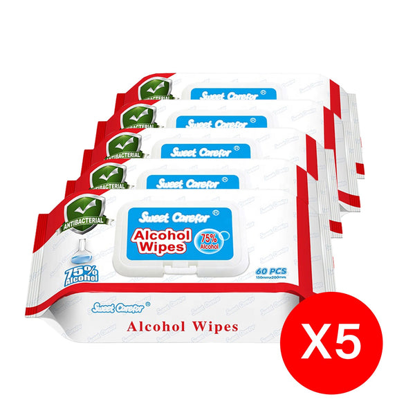 5 Pack (300 Pieces) Wipes 75% Alcohol Hand Surface Use