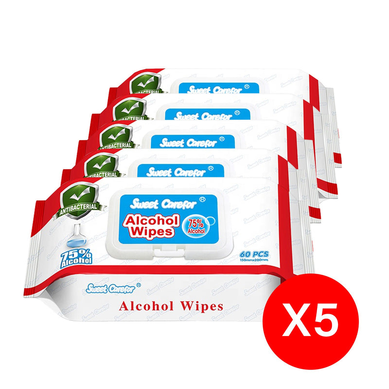5 Pack (300 Pieces) Wipes 75% Alcohol Hand Surface Use